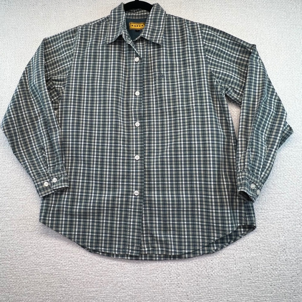 Roper Mens Plaid Button Up Long Sleeve‎ Western Shirt - Green, White, Casual